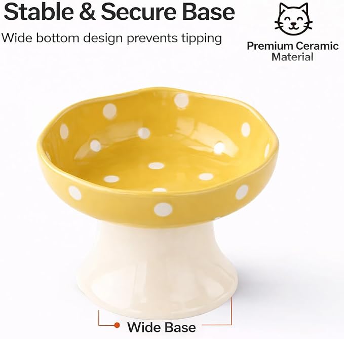 Elevated Ceramic Cat Bowls Set of 2, Mushroom Raised Wide & Shallow Cat Food and Water Bowls, Whisker Friendly Feeding Bowls for Cats & Small Dogs (Red+Yellow) - Image 5
