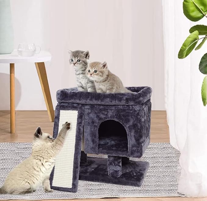 SYANDLVY Small Cat Tree for Indoor Cats Large Adult, Activity Tower with Scratching Post, Modern House with Padded Perch, Kittens Condo with Board, Cat Cave (Smoky Grey) - Image 3