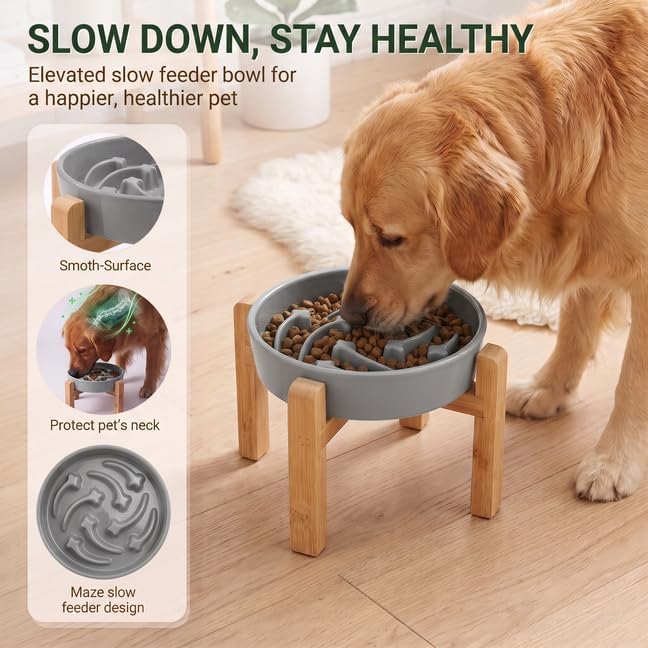 Elevated Ceramic Slow Feeder Dog Bowls Anti-Choking Slow Feeding for Medium& Large Anti-Slip Non-Lead & Toxic Durable Easy to Clean Maze Slow Feeder Bowl（8.66in Gray Stars Pattern） - Image 2