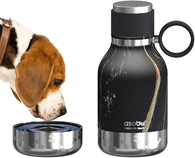 Asobu Buddy Bottle a Stainless Steel Insulated Water Bottle for with Removable Dog Water Bowl and Dog Food and Treat Storage Bowl (Midnight Marble, 37 oz Water Bottle with Bowl) by Asobu