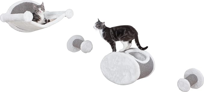Trixie Wall Mounted Cat Lounge Set with Hammock & Condo – Climbing Shelves with Plush Condos & Sisal Steps – Wall-Mounted Cat Furniture for Scratching & Lounging – Gray, 18.75 x 11 x 11.25 in by TRIXIE