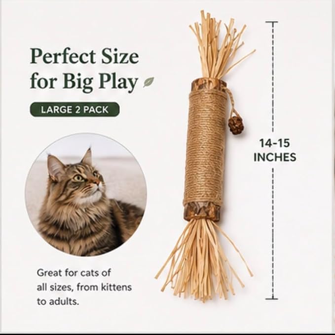 Extra Large Silvervine Sticks for Cats 2 Pack, Natural Cat Chew Toys with Sisal Rope & Feathers, Silver Vine Catnip Alternative for Indoor Cats & Kittens - Image 5