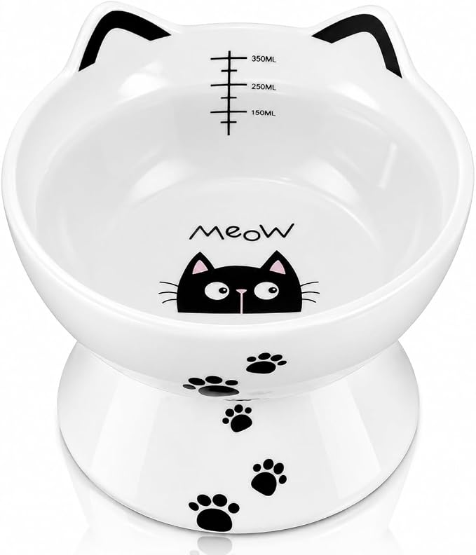 Porcelain Raised Cat Bowl, No Spill Cat Water Bowl with Anti Slip Band, Elevated Porcelain Pet Bowl Protect Pet's Spine, Large Capacity Pet Water Bowl, 15 oz, Dishwasher Safe | Anti Vomiting, Whisker Friendly, Shallow Food Dish and Deep Water Bowl, Ant... by Yedio