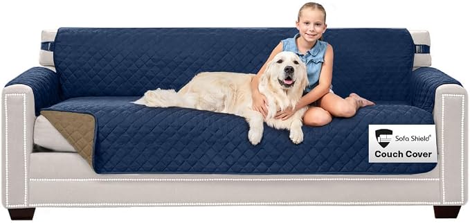 Sofa Shield® Couch Oversize Sofa Slip Cover for Dogs with Strap, Navy Sand | Reversible Furniture Protector, Stain and Tear Resistant Cushion Cover, Machine Washable Slipcover for Pets, Cats 70 inch by SofaShield