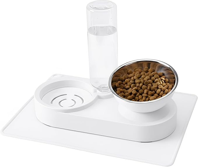 2 in 1 Elevated Dog Cat Bowls, 15°Tilted Pets Water and Food Bowl Set, Pet Feeding Bowls with Automatic Water Bottle and Feeding Mat for Kittens and Small Dogs, White by Nuzzletail