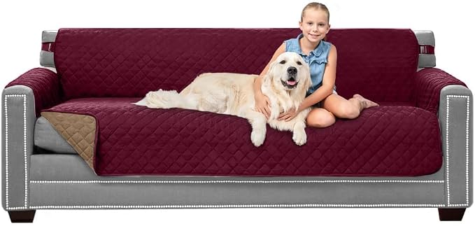 Sofa Shield® Couch Oversize Sofa Slip Cover with Strap, Burgundy Tan | Reversible Furniture Protector, Stain and Tear Resistant Cushion Cover, Machine Washable Slipcover for Pets, Cats 70 inch by SofaShield