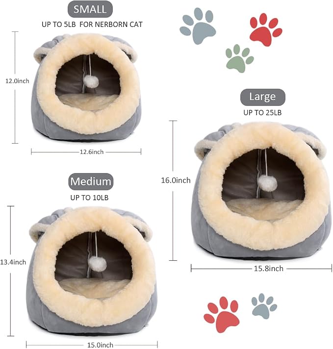 Cat Beds for Indoor Cats-Rabbit-Shaped Cat Cave Bed with Hanging Toy,Grey M | Super Soft Calming cat Tent house for Kitten&Puppy,Warm Plush&Machine Washable&Removable Cushioned Pad,Cute cat Hideaway - Image 4