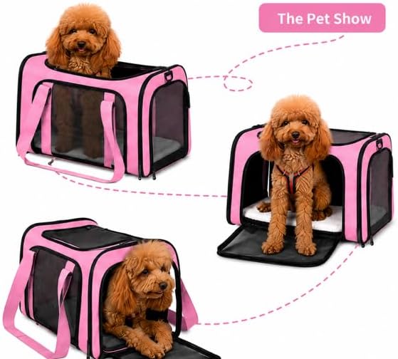 Pet Carrier Soft-Sided for Small Dogs & Cats, Foldable Airline Approved Pet Travel Carrier with Breathable Mesh, Washable Cushion & Shoulder Strap, Portable Puppy Cat Carrier Bag (Pink, 19.7*13*13) - Image 3