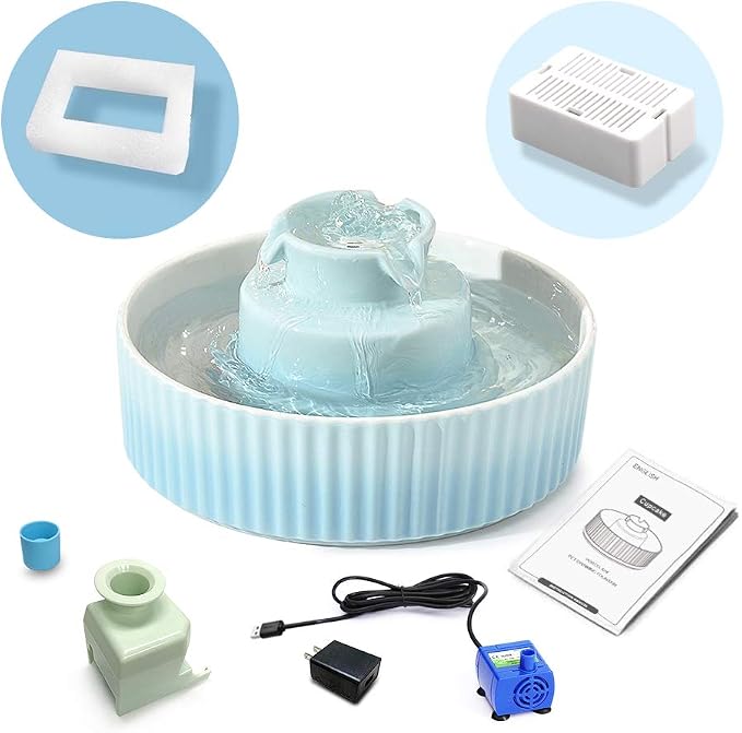 360 Ceramic Pet Fountain, Advanced Porcelain Cat Water Fountain, 70 oz.Drinking Fountains Bowl for Cat and Dogs with Replacement Filters and Foam (Green Blue) - Image 7