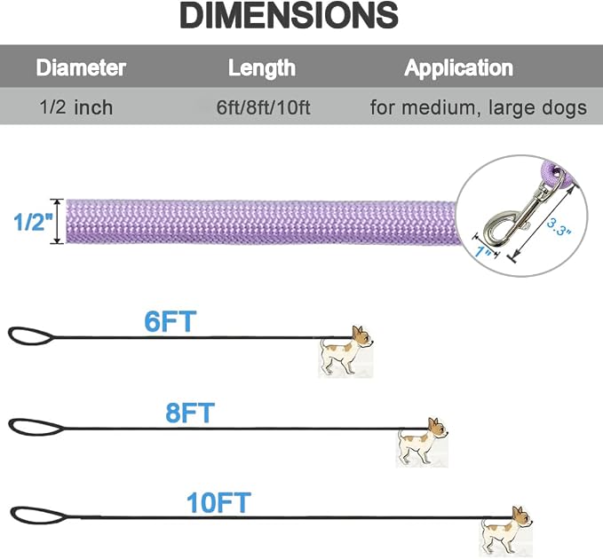 MayPaw 6/8 /10 FT Dog Leash, Classic Solid Colors, Strong Nylon Rope Dog Leash Reinforced with Leather Tailor Connection Heavy Duty Silver Clasp (Purple, 8ft*1/2") - Image 4