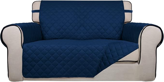 PureFit Reversible Quilted Sofa Cover, Water Resistant Medium Slipcover Furniture Protector, Washable Couch Cover with Non Slip Foam and Elastic Straps for Kids, Pets (Loveseat, Navy/Navy) | Navy/Navy, Water Resistant Couch Protector, Washable Pet Couc... by PureFit