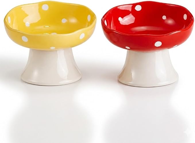 Elevated Ceramic Cat Bowls Set of 2, Mushroom Raised Wide & Shallow Cat Food and Water Bowls, Whisker Friendly Feeding Bowls for Cats & Small Dogs (Red+Yellow) by Unknown