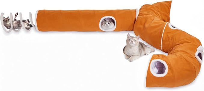 Ownpets 2-in-1 Cat Tunnel Large Lollipop Collapsible Cave Plush 12"D Orange | Foldable Tunnel Bed, Fluffy Ball, Multi-Exit Maze, For Cats Kittens Puppies Rabbits, Soft Plush, Easy Store, Cozy Hiding Spot - Image 9