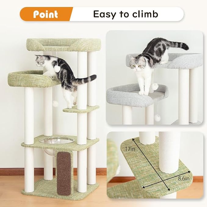 Mordern Cat Tree Tower, Freestanding, Cushioned Bed, Large Base, for Multiple Cats, Compact,Winter and Summer Use, Summer Mat Included, for Large Cats (Olive Green, Height 135cm) - Image 3