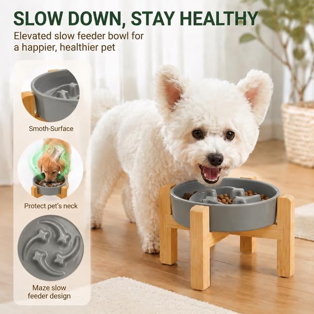 Elevated Ceramic Slow Feeder Dog Bowls Anti-Choking Slow Feeding for Small&Medium Size Anti-Slip Non-Lead & Toxic Durable Easy to Clean Maze Slow Feeder Bowl（8.26in Gray Stars Pattern） - Image 2