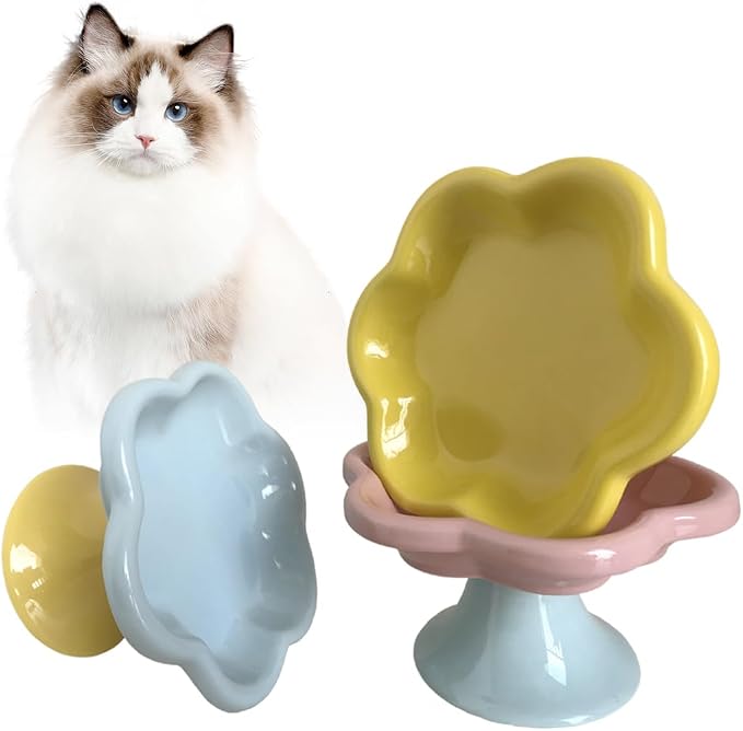 Ceramic Elevated Cat Bowls Flower Dish,Small Raised Dish.Flower Ceramic Raised Bowls for Cats and Small Dogs reducing pet’s Neck Bending and Pressure （Blue Yellow） - Image 6