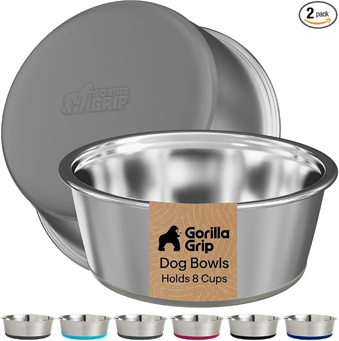 GORILLA GRIP Dog Bowls, Food Grade Stainless Steel, Set of 2, 8 Cup, Gray | 304 Stainless Steel Pet Feeding Bowls Hold 64 fl oz Each, Dishwasher Safe, Rust Resistant, BPA Free Rubber Base by Unknown