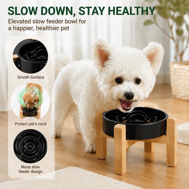 Elevated Ceramic Slow Feeder Dog Bowls Anti-Choking Slow Feeding for Small&Medium Size Anti-Slip Non-Lead & Toxic Durable Easy to Clean Maze Slow Feeder Bowl（8.26in Black Flower Pattern） - Image 2