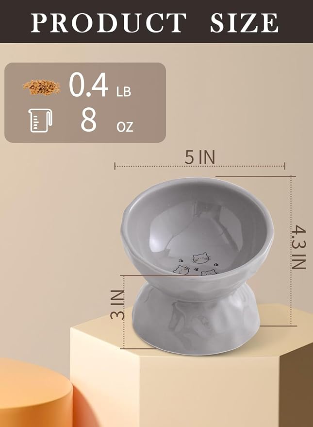 5 Inch Grey Tilted Ceramic Raised Cat Bowls Set of 2 | Elevated,Food and Water Pet Bowl, Porcelain,Slanted, for Cats and Small Dogs,Protect Cat's Spine,Dishwasher Safe,Durable - Image 4