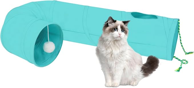 Cat Tunnel, 2-Way Collapsible Cat Tube with Interactive Peek-A-Boo Hole, Toy Ball, and Rope – Ideal for Indoor Cats, Kittens, and Rabbits (Light Blue) - Image 2