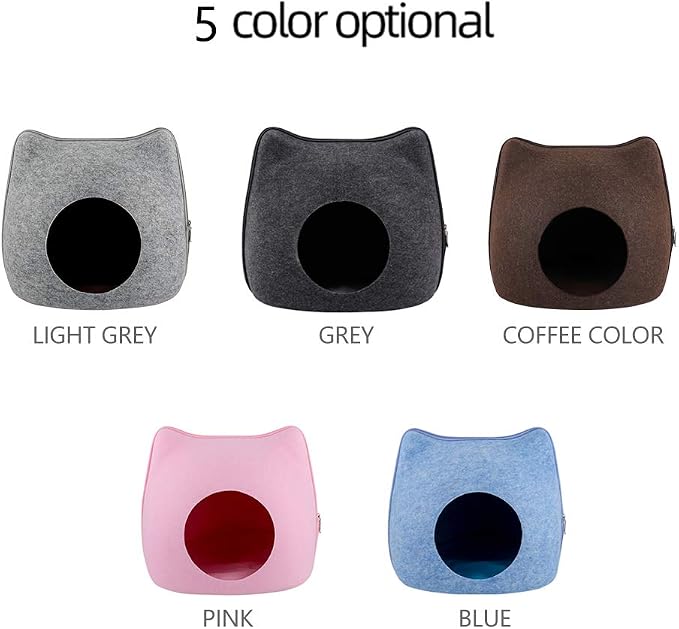 Felt Cat Cave Bed with Removable Cover, Cozy Pet Shelter for Indoor Cats, Zippered Washable Cat House with Roomy Interior (Light Gray, for Cats Under 15 lbs, Cat Ear Style) - Image 3