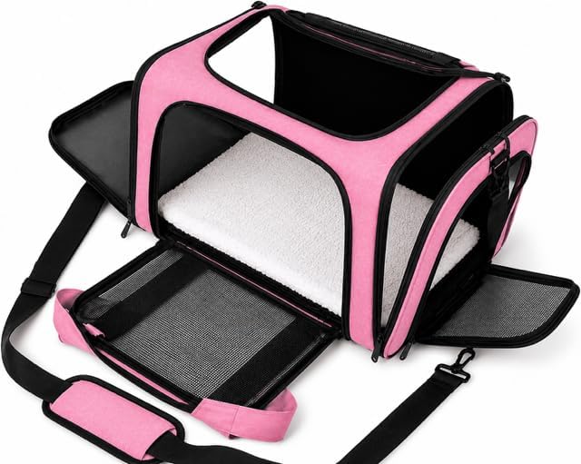 Pet Carrier Soft-Sided for Small Dogs & Cats, Foldable Airline Approved Pet Travel Carrier with Breathable Mesh, Washable Cushion & Shoulder Strap, Portable Puppy Cat Carrier Bag (Pink, 19.7*13*13) - Image 2