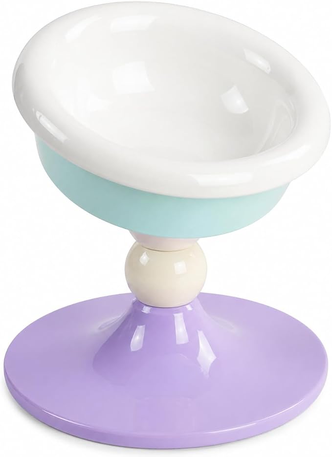 Elevated Ceramic Cat Bowl, Tilted Raised Cat Food Bowl for Indoor Cats, Whisker Friendly Anti Vomiting Cat Feeding Bowl with Non-Slip Stand, Lavender Mint - Image 3