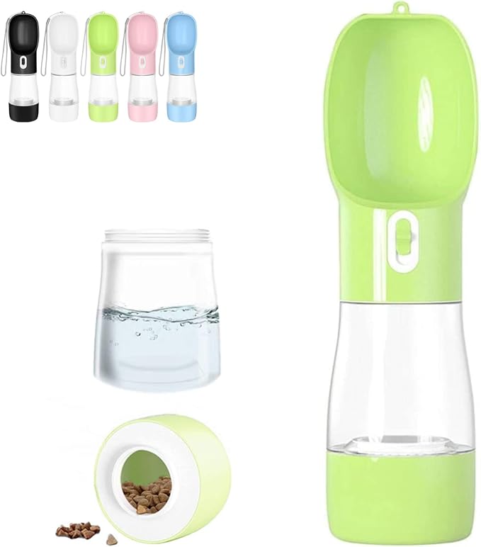Portable Dog Water Bottle with Food Container Dishwasher Safe-Green | 3 IN1 Drinking Bottle for Pet Puppy Outdoor Walking Hiking Travel | Leak Proof Dog Water dispenser with Bowl BPA Free by Misthis