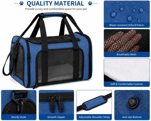 Pet Carrier Soft-Sided for Small Dogs & Cats, Foldable Airline Approved Pet Travel Carrier with Breathable Mesh, Washable Cushion & Shoulder Strap, Portable Puppy Cat Carrier Bag (Blue, 19.7*13*13) - Image 5