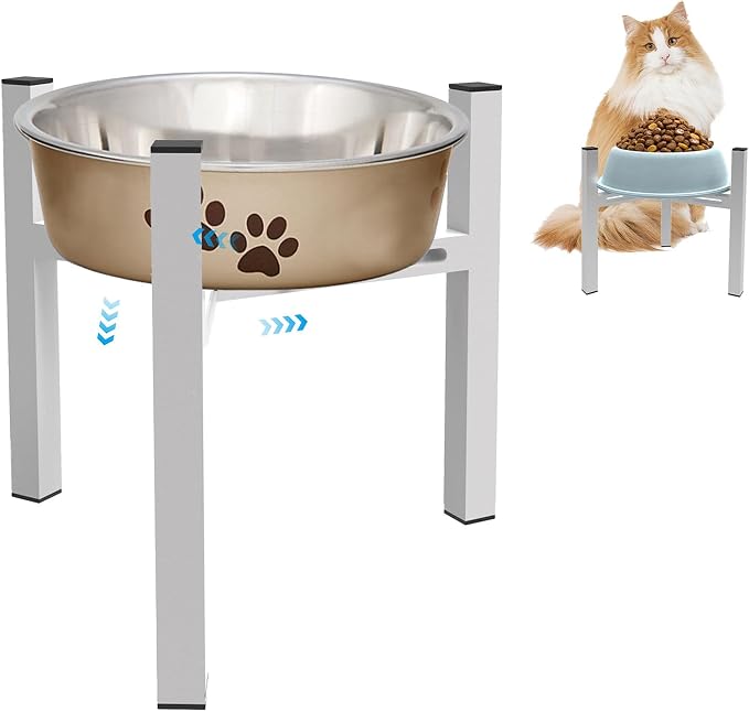 Elevated Cat Bowl Stand Good for Senior Cats Digestion Arthritis Relief - Adjustable Metal Feeder Riser, Fits 5.1-7.45” Round Bowls (No Bowls)(White) by Unknown