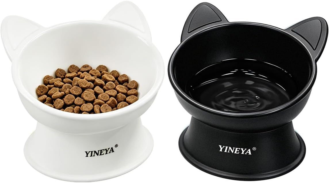 YINEYA Elevated Cat Bowls 2 Pcs, Cat Food Bowl to Protect Neck & Anti-Vomit, Whisker-Friendly Raised Food and Water Bowls Set for Indoor Cats/Small Dogs, Cute Pet Feeding Bowl 6 OZ Each, Black&White by YINEYA