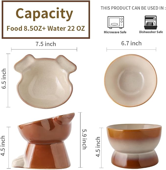Nihow Dog Food & Water Bowls: Elevated Ceramic Bowls for Medium/Small Dog | Food Safe Raised Puppy Bowls - Brown Pet Bowl for Protecting Pet's Spine (Set of 2) - Image 2