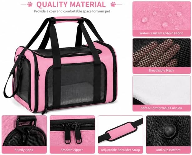Pet Carrier Soft-Sided for Small Dogs & Cats, Foldable Airline Approved Pet Travel Carrier with Breathable Mesh, Washable Cushion & Shoulder Strap, Portable Puppy Cat Carrier Bag (Pink, 19.7*13*13) - Image 6