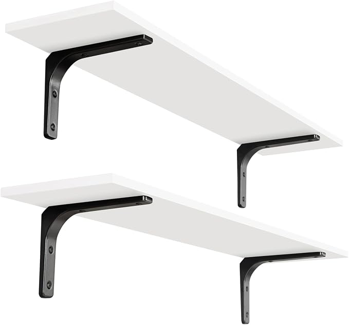 Long Wall Shelves, 39.4Inch Wooden Wall Mounted Shelves, Set of 2 | Large Floating Book Shelf, Metal Bracket, Easy Assembly, Max Load 33lbs, Wall Storage Ledges, Bedroom/Bathroom/Kitchen, White by DINZILVJ