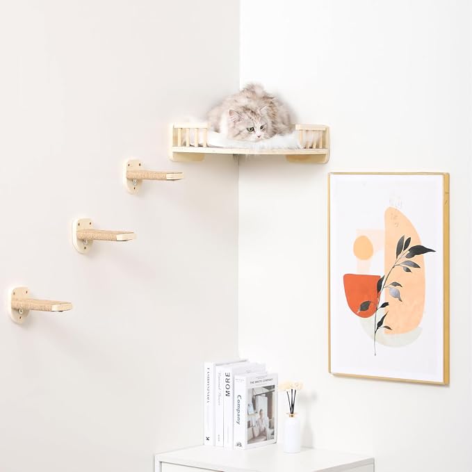 Cat Wall Shelves with 3 Steps Scratch Post, Climbing Shelf and Hammock for Indoor Cats (Wood) - Image 3