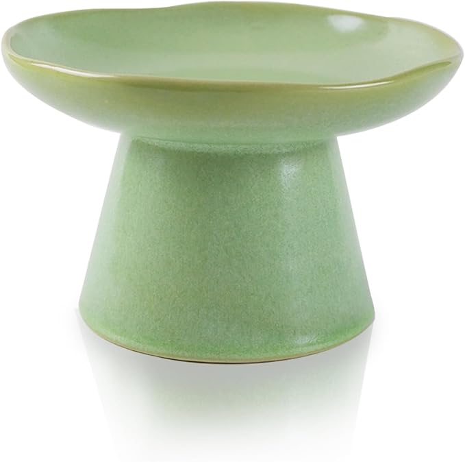 Wide Shallow 6.1" Raised Cat Bowls, Ceramic Elevated Food Bowl for Flat Faced Cats and Small Dogs, Porcelain Feeder Bowl, Stress Free, Protect Cat’s Spine, Green by Careforyourbelovedfurbaby