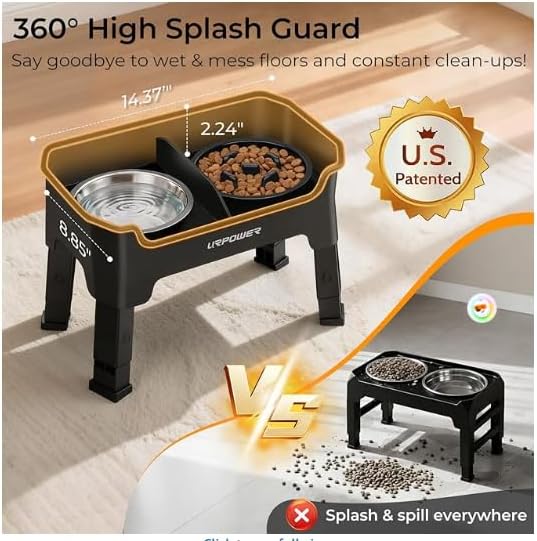 URPOWER Elevated Dog Bowls for Small Dogs, 3-in-1 Raised Stand | 4 Adjustable Heights, 1 Slow Feeder, 2 Stainless Steel Food Bowls, Mess Proof High Wall Splash Guard, Foldable Stand - Image 2