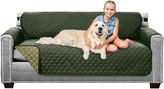 Sofa Shield® Couch Sofa Slip Cover for Dogs with Strap, Hunter Green Sage | Reversible Furniture Protector, Stain and Tear Resistant Cushion Cover, Machine Washable Slipcover for Pets, Cats 70 inch by SofaShield