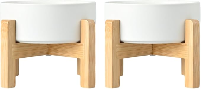 SPUNKYJUNKY Ceramic Elevated Dog Bowls 2 Pack - 5.1inch Raised Dog Bowls with Non-Slip Wooden Stand for Small Dogs Dishwasher Safe(White,13.5OZ*2) by SPUNKYJUNKY
