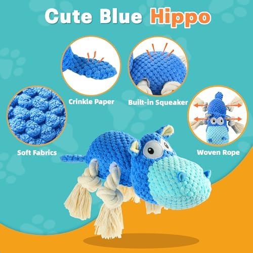 TOOPTATE Hippo Squeaky Dog Toys (Blue, Medium) (Pack of 2) | Cute Plush Design, Rope Legs for Tugging, Helps Keep Dogs Busy, Suitable for Small, Medium, and Large Dogs - Image 2