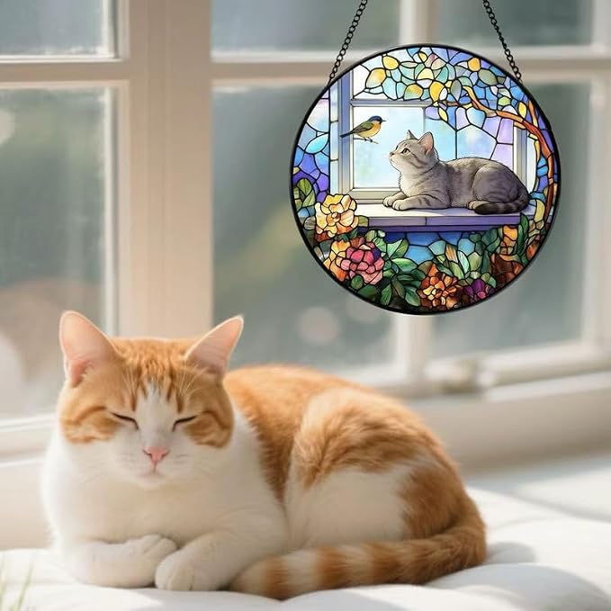 Stained Glass Cat Window Suncatcher, Cat on Windowsill Sun Catcher, Colorful Pet Lover Window Decor Gift - Image 5