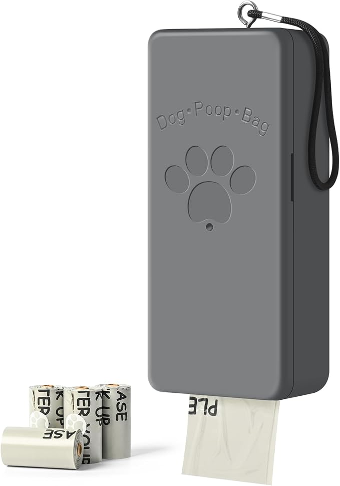 Dog Poop Bag Dispenser for Hanging Use, Grey Poop Bag Holder with Magnetic Closure, Includes 4 Rolls (60 Bags) by qeerable