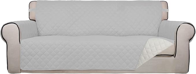 PureFit Reversible Quilted Couch Covers for Dogs Oversized Sofa Cover 78” | Light Gray/Ivory, Water Resistant Couch Protector, Washable Pet Couch Cover with Non Slip and Elastic Straps For Kids by PureFit