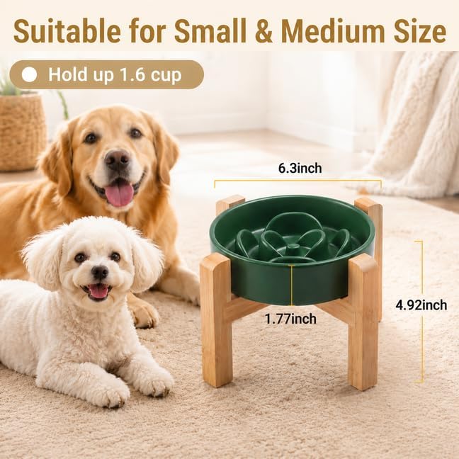 Elevated Ceramic Slow Feeder Dog Bowls Anti-Choking Slow Feeding for Small&Medium Size Anti-Slip Non-Lead & Toxic Durable Easy to Clean Maze Slow Feeder Bowl（8.26in Olive Green Flower Pattern） - Image 3