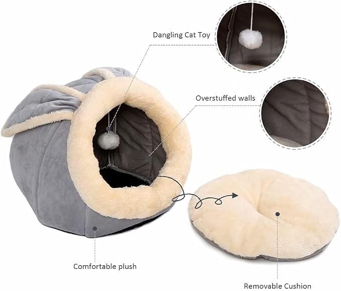 Cat Beds for Indoor Cats-Rabbit-Shaped Cat Cave Bed with Hanging Toy,Grey M | Super Soft Calming cat Tent house for Kitten&Puppy,Warm Plush&Machine Washable&Removable Cushioned Pad,Cute cat Hideaway - Image 8