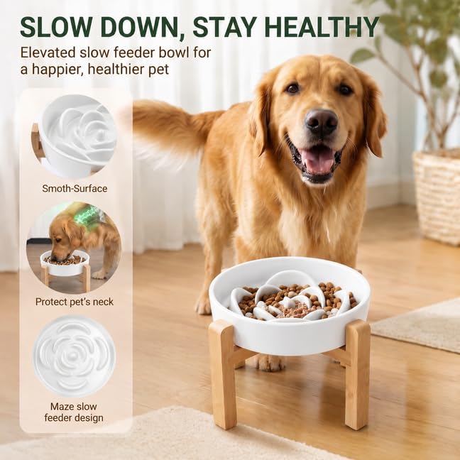 Elevated Ceramic Slow Feeder Dog Bowls Anti-Choking Slow Feeding for Medium& Large Anti-Slip Non-Lead & Toxic Durable Easy to Clean Maze Slow Feeder Bowl（8.66in White Flower Pattern） - Image 2