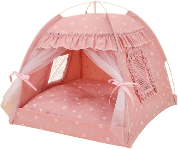 Selena Cat Bed Tents Dog House Indoor Outdoor Lace Mesh Breathable Windows Door Curtains Removable Portable Nest Teepe House (Small,Pink(Ruffled Teim)) - Image 6
