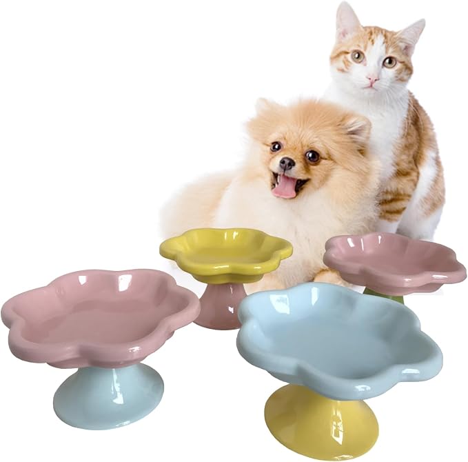 Ceramic Elevated Cat Bowls Flower Dish,Small Raised Dish.Flower Ceramic Raised Bowls for Cats and Small Dogs reducing pet’s Neck Bending and Pressure（Pink Blue） - Image 7