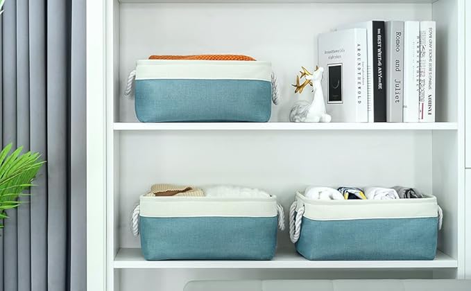 TheWarmHome Fabric Storage Bins Baskets for Organizing,Sturdy Storage Basket W/Handles, Decorative Foldable Storage Baskets for Shelves Closet Nursery Toy (White&Teal, Medium - 3 Pack) - Image 2