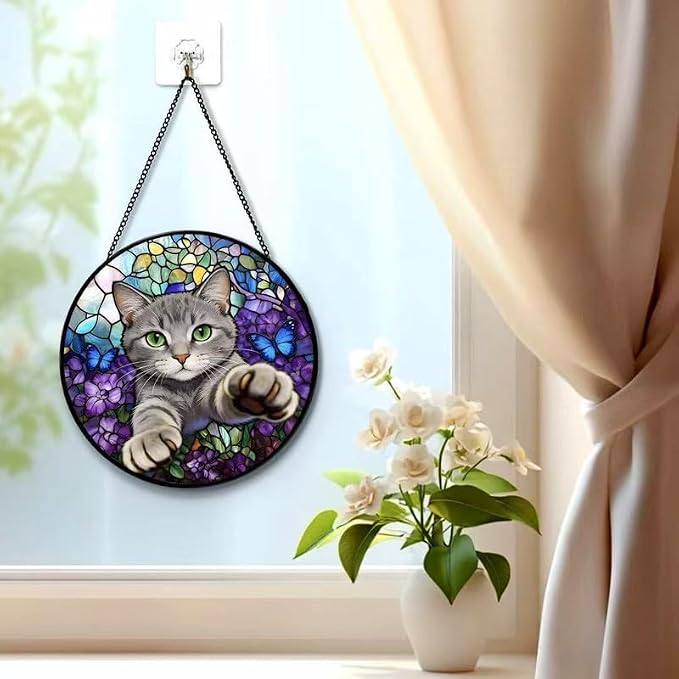 Stained Glass Window Hanging Cat Suncatcher with Butterfly Design, Round Window Hanging Decor, Colorful Sun Catcher for Home, Garden & Gifts for Cat Lovers - Image 7